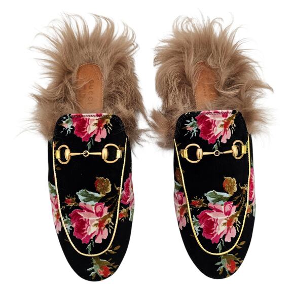 Gucci Princetown Horsebit Flat Slide Mule Fur Floral Black Velvet Size 38 US 8 - Picture 2 of 10